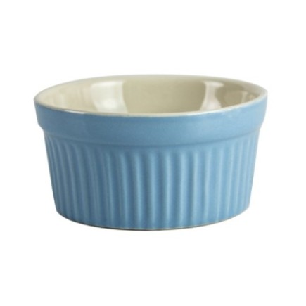 bol rotund mic din ceramică model cu striații pe exterior albastru la exterior și crem în interior
