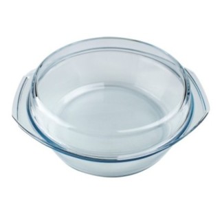 vas rotund din sticlă transparentă termorezistentă cu capac asortat și mânere laterale integrate