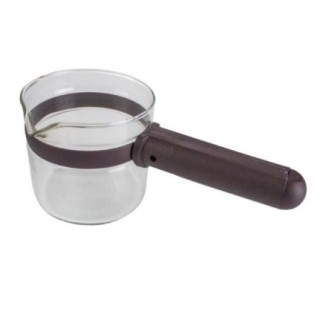 ibric pentru cafetieră din sticlă termorezistentă transparentă prevăzut cu mâner din plastic negru și cioc de turnare
