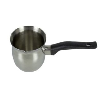 ibric din inox cu fantă pentru scurgere și mâner din ebonită negru cu orificiu pentru agățat