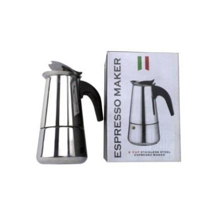espresor moka clasic din inox pentru 2 espresso italian lângă cutia în care este ambalat