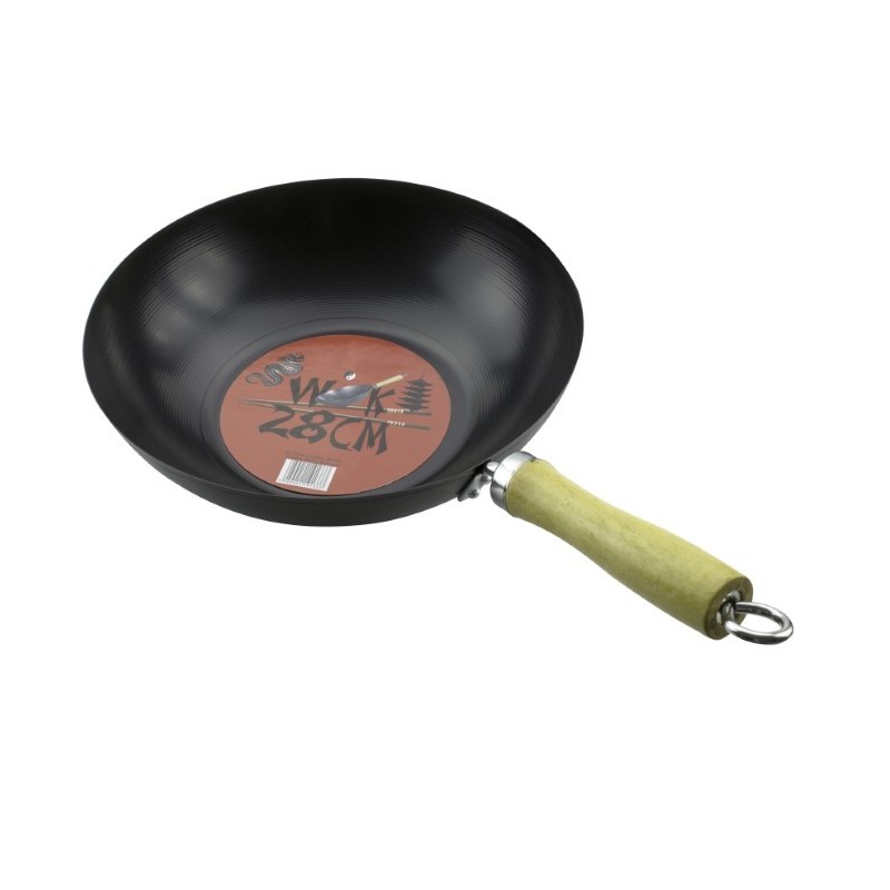 Tigaie adâncă, wok asiatic, mâner din lemn cu agățătoare, potrivită pentru preparate asiatice, sotare, prăjire, 28 cm