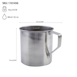 cană de 300 ml din inox cu toartă și specificații despre dimensiuni și capacitate trasate prin săgeți