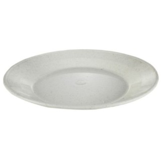 farfurie întinsă rotundă din plastic alb cu margini ușor ridicate pentru camping