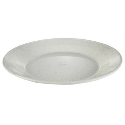 farfurie întinsă rotundă din plastic alb cu margini ușor ridicate pentru camping