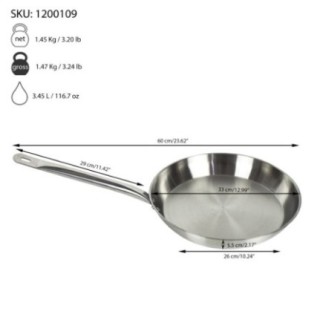 tigaie inox cu detalii tehnice și dimensiuni prezentate prin săgeți