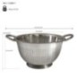 Strecurătoare adâncă din inox, cu două mânere și perforații fine, perfectă pentru spălat fructe, legume și scurs paste, 24 cm strecurător pentru alimente rotund cu găuri mici și informații despre dimensiuni și greutate trasate prin săgeți