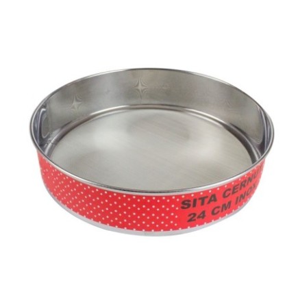 sită pentru cernut făină rotundă din inox de 24 cm cu etichetă roșie cu buline albe