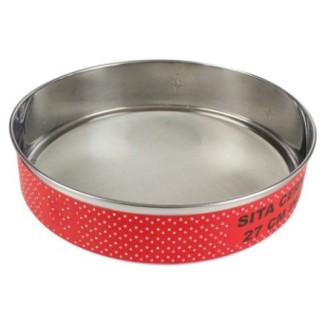 sită pentru cernut făină rotundă din inox de 27 cm cu etichetă roșie cu buline albe