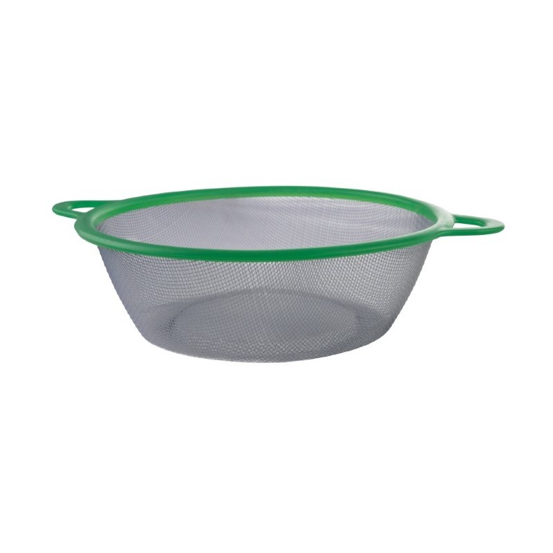 Strecurătoare rotundă cu plasă fină și două mânere, ideală pentru spălarea și scurgerea alimentelor, verde