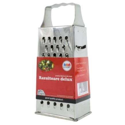 răzătoare din inox verticală cu patru suprafețe de răzuit mâner ondulat și etichetă colorată