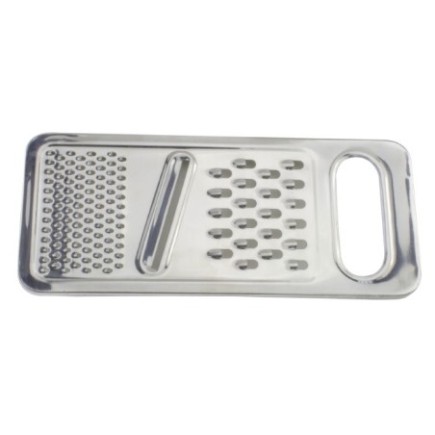 Răzătoare plată din inox, de mâna, compactă și durabilă, cu trei zone de tăiere pentru răzuit fin grosier și feliat uniform