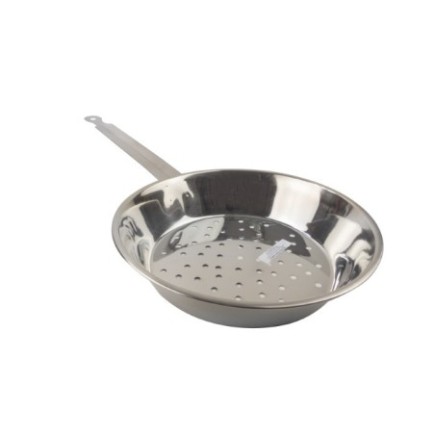 Sită din inox pentru găluște, tip tigaie perforată cu mâner, ideală pentru modelarea aluatului fin și porționare rapidă, 26 cm