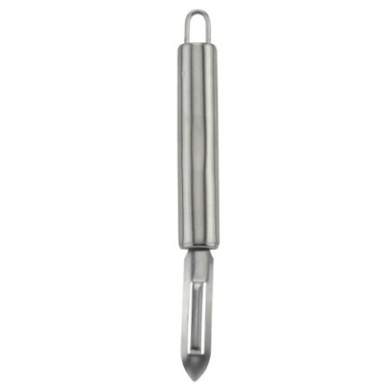 ustensilă pentru decojit legume din inox cu mâner rotunjit cu agățătoare