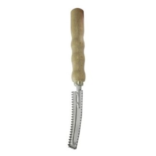 Ustensilă pentru îndepărtarea solzilor de pește, cu lamă metalică zimțată și mâner ergonomic din lemn pentru pregătirea peștelui