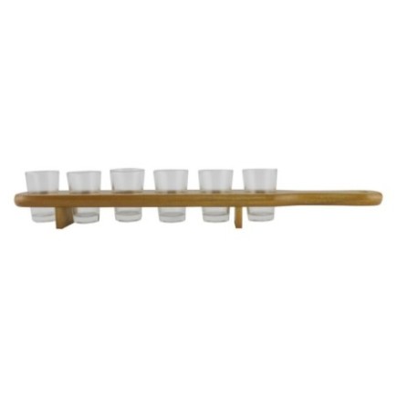 set 6 pahare tip shot transparente pe suport de lemn cu mâner