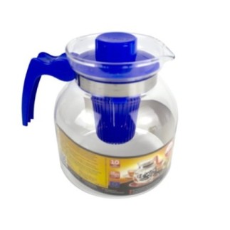 cană din sticlă termorezistentă bombată cu cioc de scurgere mâner plastic infuzor capac etichetă colorată