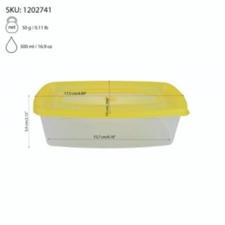 cutie alimente din plastic cu capac galben și informații despre greutate capacitate și dimensiuni