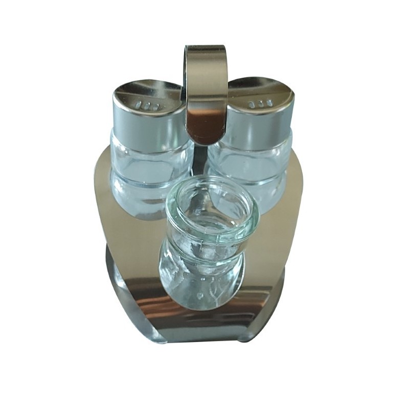 Set solniță și piperniță din sticlă pe suport elegant și compact din inox cu sticluță pentru scobitori Set solniță și piperniță din sticlă pe suport elegant și compact din inox cu sticluță pentru scobitori