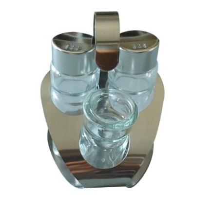 set solniță și piperniță din sticlă pe suport elegant și compact din inox și sticluță pentru scobitori
