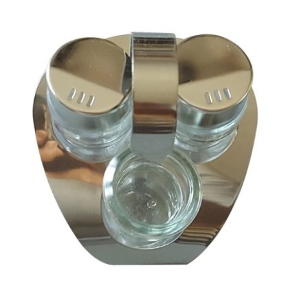 Set solniță și piperniță din sticlă pe suport elegant și compact din inox cu sticluță pentru scobitori