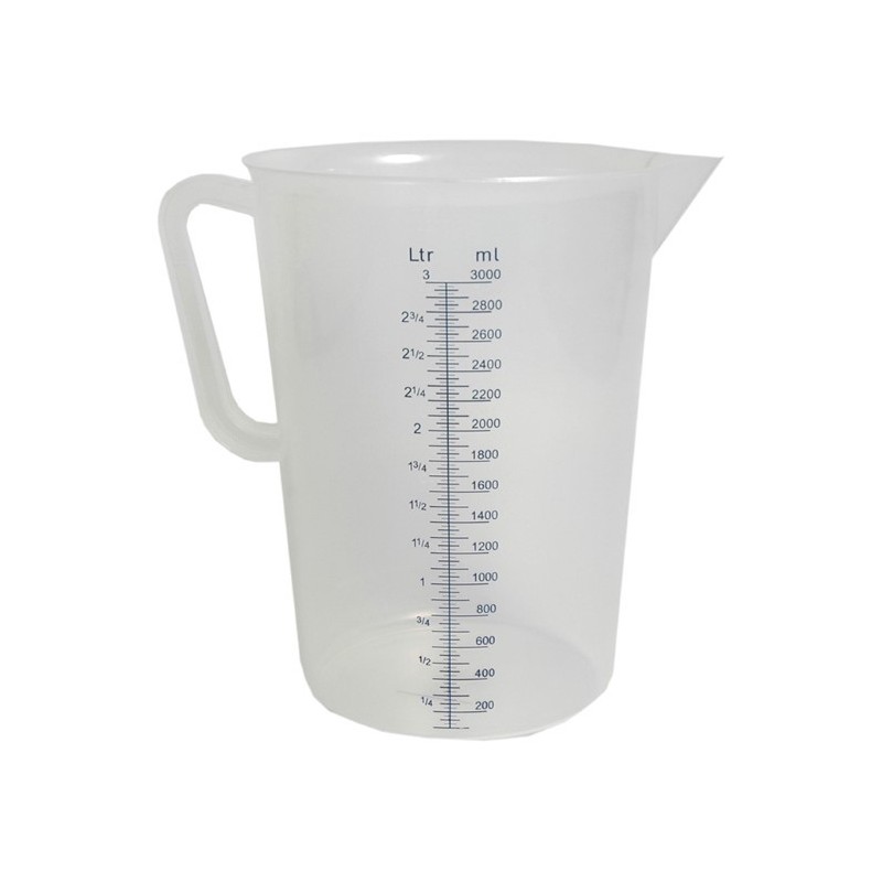 Cană gradată polipropilenă, cu mâner ergonomic și fantă de scurgere, ideală pentru dozare precisă în patiserii și brutării, 3L