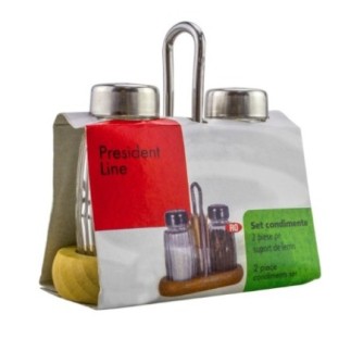 Set solniță și piperniță pe suport rustic din lemn cu mâner inox și recipient pentru scobitori