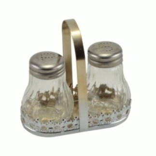 set solniță și piperniță din sticlă pe suport metalic decorativ cu mâner