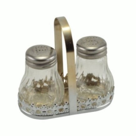 set solniță și piperniță din sticlă pe suport metalic decorativ cu mâner