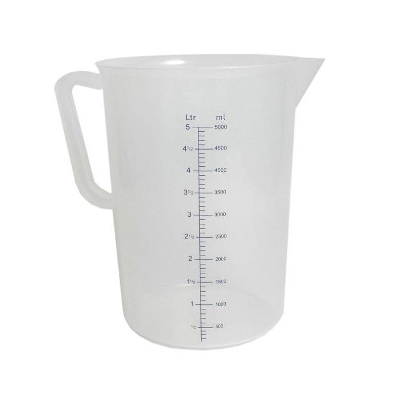 Cană gradată polipropilenă, cu mâner ergonomic și fantă de scurgere, ideală pentru dozare precisă în patiserii și brutării, 5L