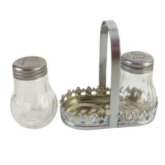 Set solniță și piperniță din sticlă pe suport metalic cu mâner, design compact