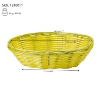 coș împletit oval din polipropilenă galben cu specificații despre dimensiunile produsului