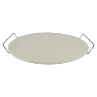 platou rotund din piatră albă cu două mânere metalice pentru servit pizza sau aperitive