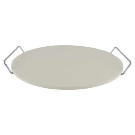 platou rotund din piatră albă cu două mânere metalice pentru servit pizza sau aperitive