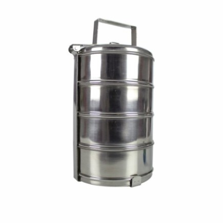 sufertas din inox cu 4 caserole stivuite una peste alta cu un capac și suport cu mâner pentru transport mâncare