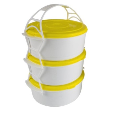 set 3 caserole etajate rotunde din plastic prinse cu o bandă flexibilă din plastic cu rol de mâner pentru transport alimente