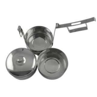Sufertaș inox, caserole cu un capac etajate intr-un suport metalic cu mâner, 3x0.3L, perfect pentru transportul mâncării