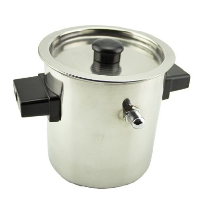 oală pentru fiert lapte din inox cu capac două mânere negre laterale și fluier de abur