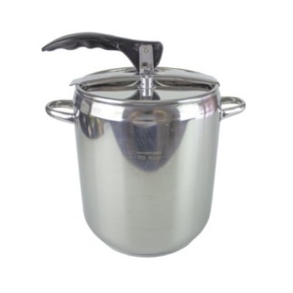 oală sub presiune din inox cu două mânere capac cu un mâner negru și mecanism de închidere etanș