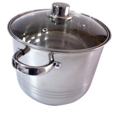 oală din inox cu două mânere și capac din sticlă cu orificiu pentru abur