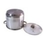 Oală înaltă din inox, gradată pe interior, cu două mânere și capac de sticlă, ideală pentru gătit supe, ciorbe și tocănițe, 7 L oală din inox cu două mânere întoarsă cu susul în jos și capac din sticlă lângă ea