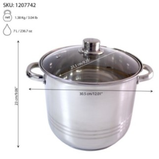 oală din inox cu capac din sticlă și mânere rotunjite informații vizibile despre dimensiuni greutate și capacitate