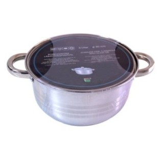 oală joasă din inox cu capac inclus și două mânere în ambalaj din folie stretch cu etichetă