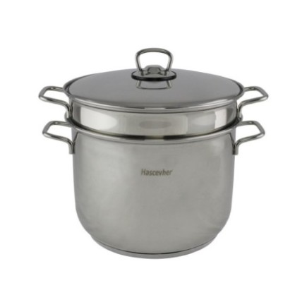 set de două oale din inox încorporate una în alta cu un capac din inox cu mâner