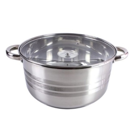cratiță din inox cu două mânere rotunjite și capac din sticlă deasupra întors în interior