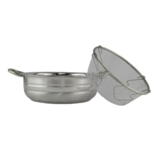 cratiță din inox cu două mânere și coș din sârmă împletit și detașabil pentru prăjit în baie de ulei