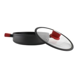 Cratiță din aluminiu joasă, nonstick cu capac de sticlă și mânere învelite în silicon roșu, distribuție uniformă a căldurii, 4L