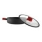 Cratiță din aluminiu joasă, nonstick cu capac de sticlă și mânere învelite în silicon roșu, distribuție uniformă a căldurii, 4L cratiță joasă neagră cu capac din sticlă cu bordură din cauciuc sprijinit de ea și mânere din silicon roșu