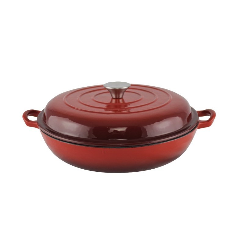 Cratiță din fontă joasă, rotundă, cu capac, emailată, potrivită pentru gătire lentă și o distribuție uniformă a căldurii, 30 cm Cratiță din fontă joasă, rotundă, cu capac, emailată, potrivită pentru gătire lentă și o distribuție uniformă a căldurii, 30 cm