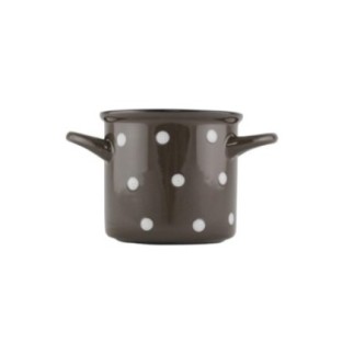 cană ceramică maro cu buline albe și două toarte laterale pentru musli